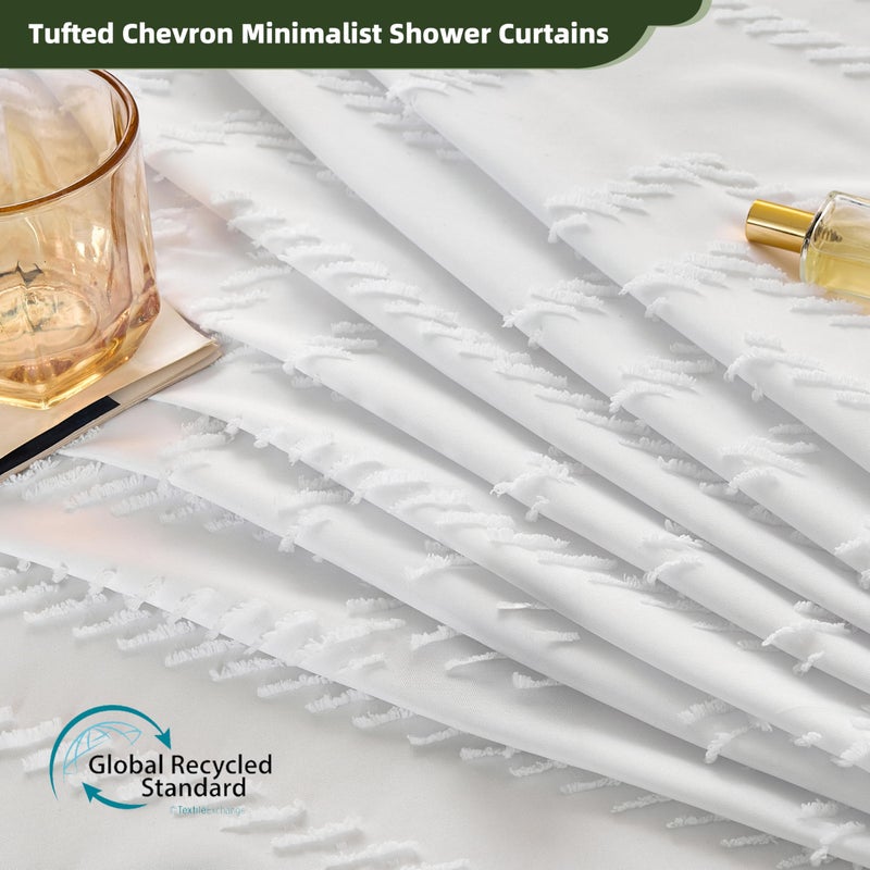 Siiluminisoy White Shower Curtain Fabric Boho Shower Curtain Cloth Textured Tufted Chevron Elegant Shower Curtains Waterproof for Bathroom 72" x 72" - Image 2