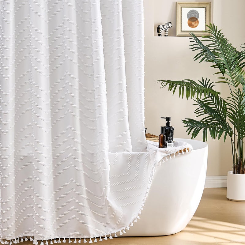 Siiluminisoy White Shower Curtain Fabric Boho Shower Curtain Cloth Textured Tufted Chevron Elegant Shower Curtains Waterproof for Bathroom 72" x 72" - Image 1