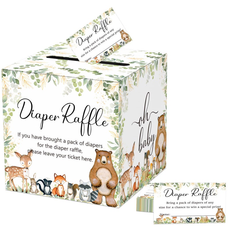 QISOLIY 50 Pieces Diaper Raffle Tickets with Card Box, Diaper Raffle Sign Oh Baby Forest Animals Theme Tickets with Advice and Wishes for Baby Shower Games Gender Reveal Party Supplies(Woodland Theme) - Image 1