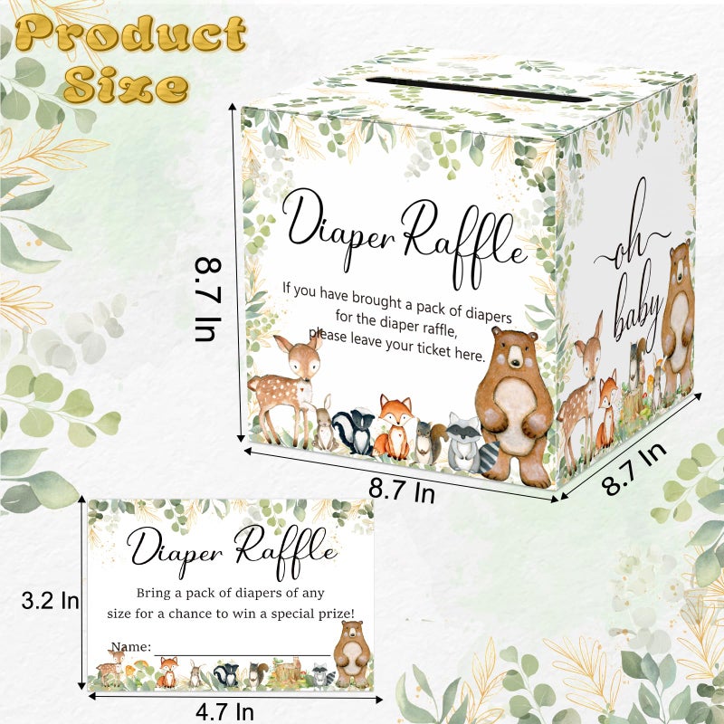 QISOLIY 50 Pieces Diaper Raffle Tickets with Card Box, Diaper Raffle Sign Oh Baby Forest Animals Theme Tickets with Advice and Wishes for Baby Shower Games Gender Reveal Party Supplies(Woodland Theme) - Image 2