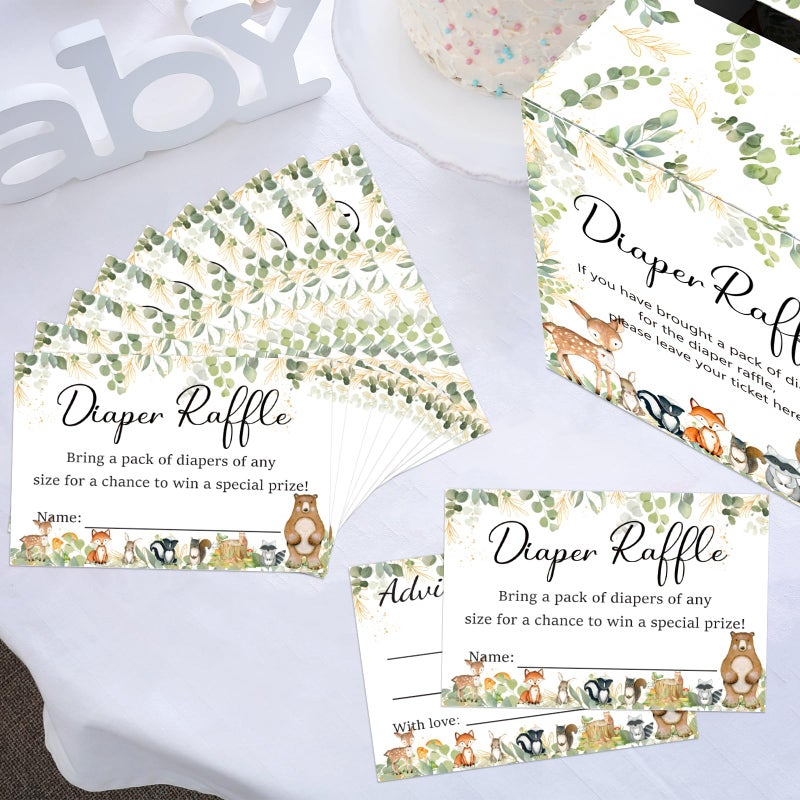 QISOLIY 50 Pieces Diaper Raffle Tickets with Card Box, Diaper Raffle Sign Oh Baby Forest Animals Theme Tickets with Advice and Wishes for Baby Shower Games Gender Reveal Party Supplies(Woodland Theme) - Image 3