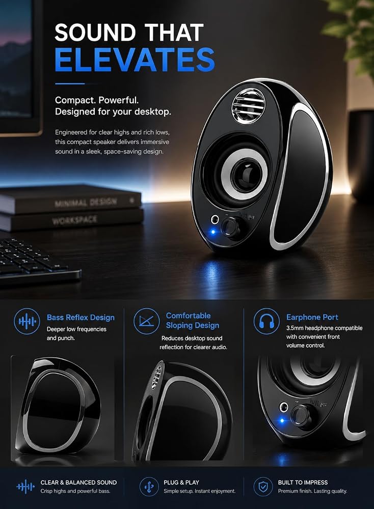 LOOPITYS Computer Speakers 10W 2.0 Channel USB Powered Desktop Stereo Speakers with Bass Reflex, Volume Knob & 3.5mm AUX Jack, Compact PC Laptop Speakers for Desktop, Notebook, Phone - Image 5