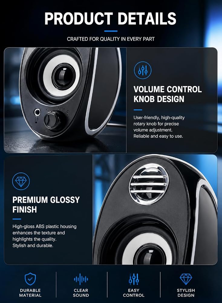 LOOPITYS Computer Speakers 10W 2.0 Channel USB Powered Desktop Stereo Speakers with Bass Reflex, Volume Knob & 3.5mm AUX Jack, Compact PC Laptop Speakers for Desktop, Notebook, Phone - Image 2