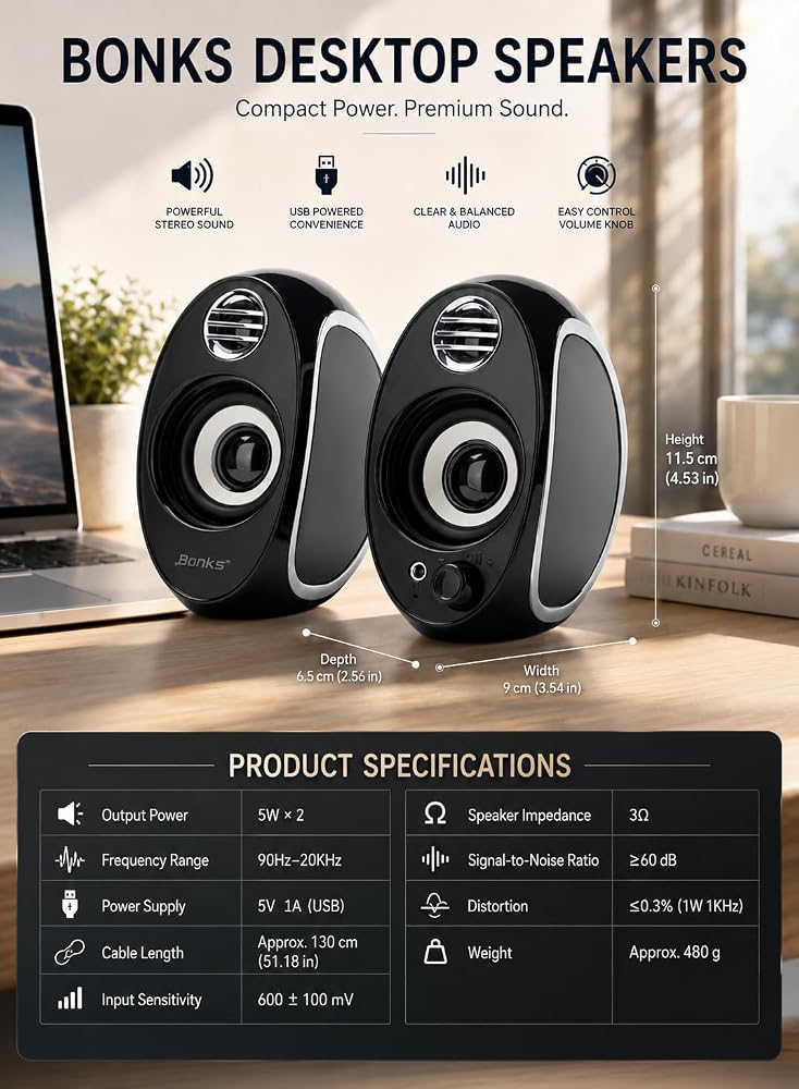 LOOPITYS Computer Speakers 10W 2.0 Channel USB Powered Desktop Stereo Speakers with Bass Reflex, Volume Knob & 3.5mm AUX Jack, Compact PC Laptop Speakers for Desktop, Notebook, Phone - Image 4