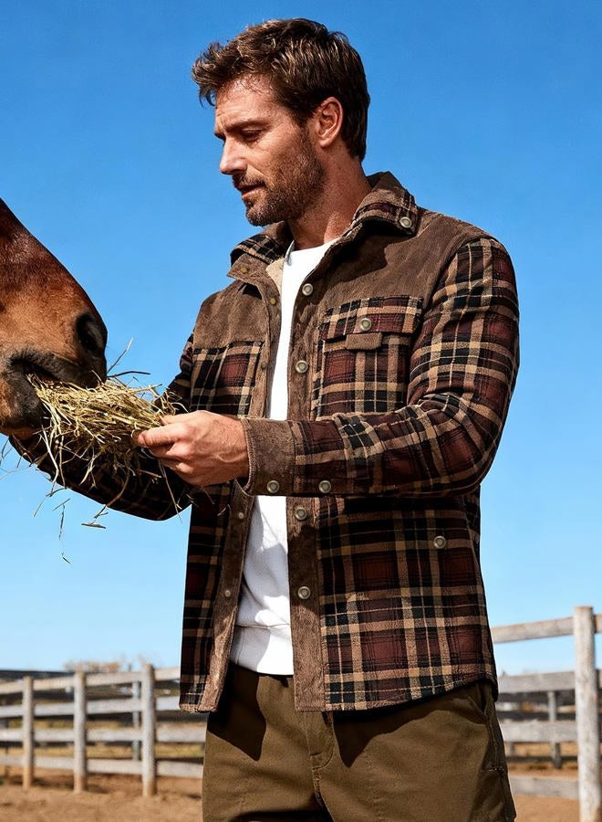 Flygo Men's Flannel Jacket Loose Plaid Sherpa Lined Flannel Shirt Snap Button Warm Winter Jackets Pockets(Coffee-L) - Image 2