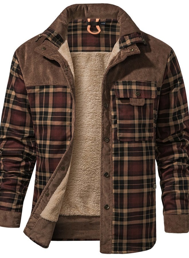 Flygo Men's Flannel Jacket Loose Plaid Sherpa Lined Flannel Shirt Snap Button Warm Winter Jackets Pockets(Coffee-L) - Image 1