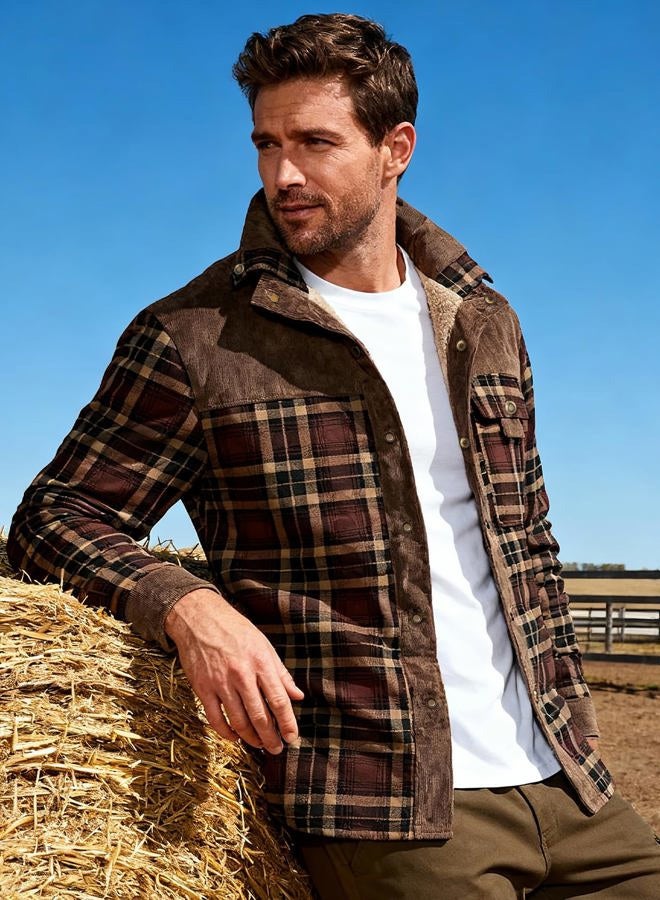 Flygo Men's Flannel Jacket Loose Plaid Sherpa Lined Flannel Shirt Snap Button Warm Winter Jackets Pockets(Coffee-L) - Image 3