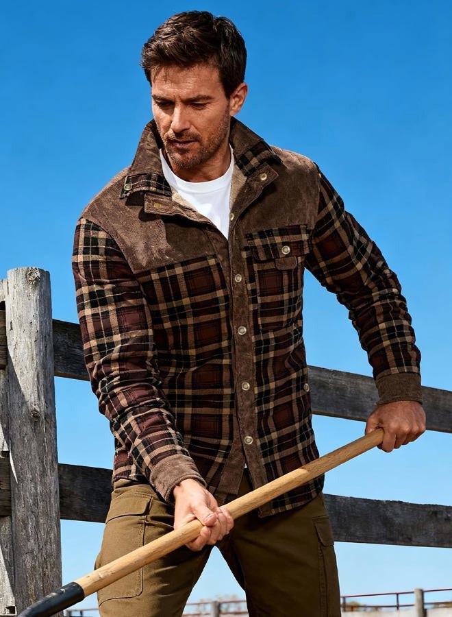 Flygo Men's Flannel Jacket Loose Plaid Sherpa Lined Flannel Shirt Snap Button Warm Winter Jackets Pockets(Coffee-L) - Image 5