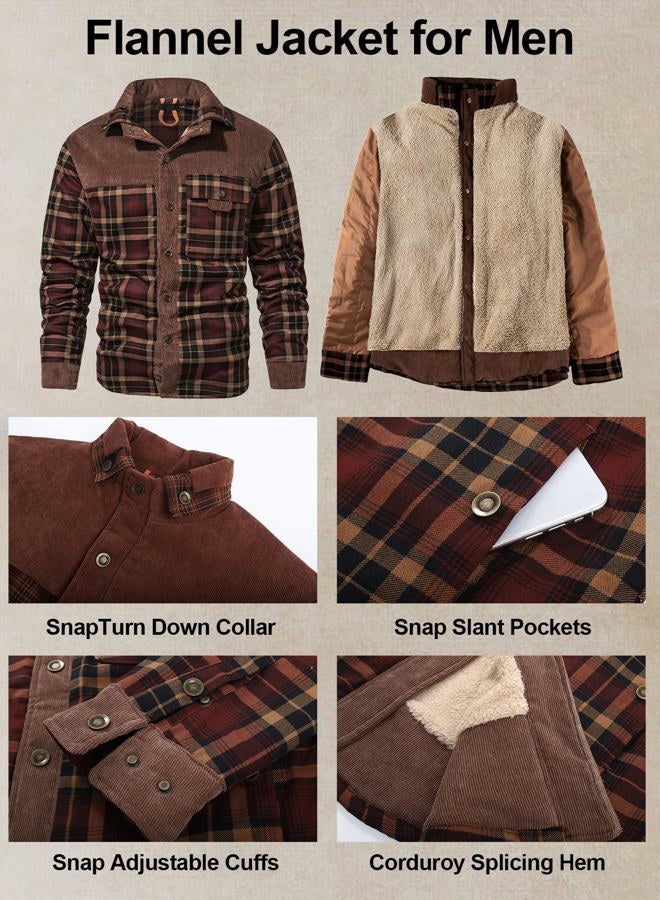 Flygo Men's Flannel Jacket Loose Plaid Sherpa Lined Flannel Shirt Snap Button Warm Winter Jackets Pockets(Coffee-L) - Image 4