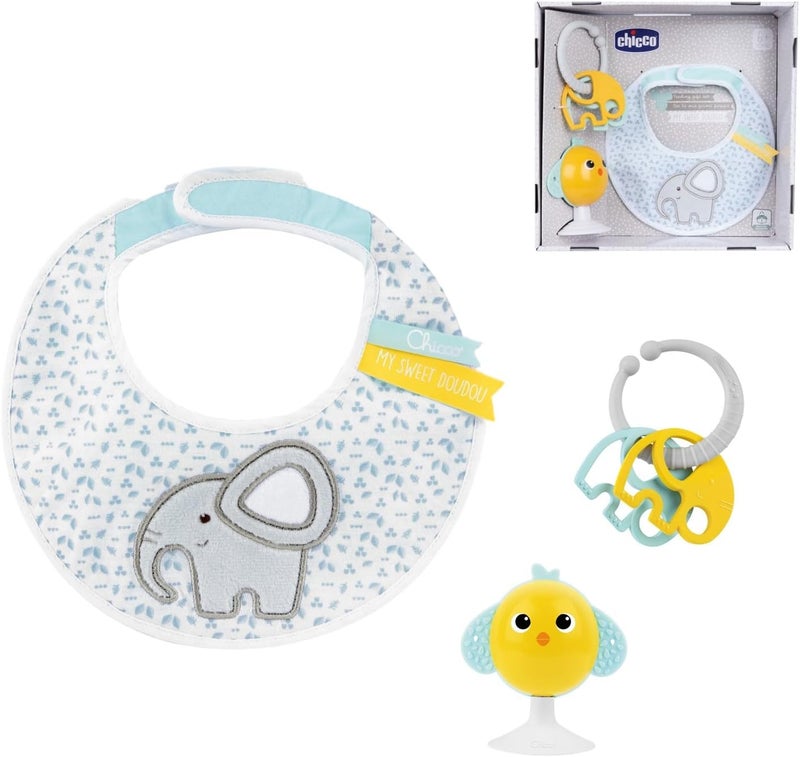 Chicco Meals Gift Set with Dou Bib, High Chair Toy, and Two Colourful Rattles - Image 1