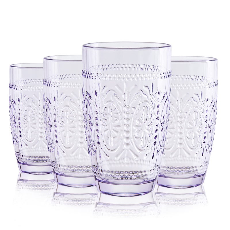CREATIVELAND Colored Vintage Drinking Glasses Set of 4 155 oz Romantic Embossed Water Glasses Colored Tumblers Tempered Glass for Juice Beverages Beer Cocktail
