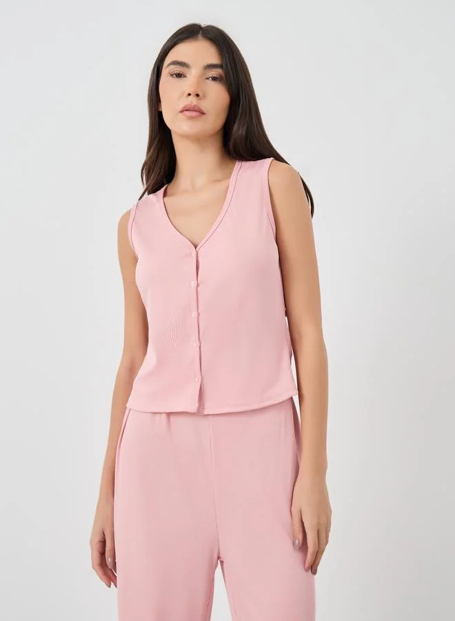 Take Two Take Two Solid Sleeveless Rib Buttoned Top and Pyjama Set