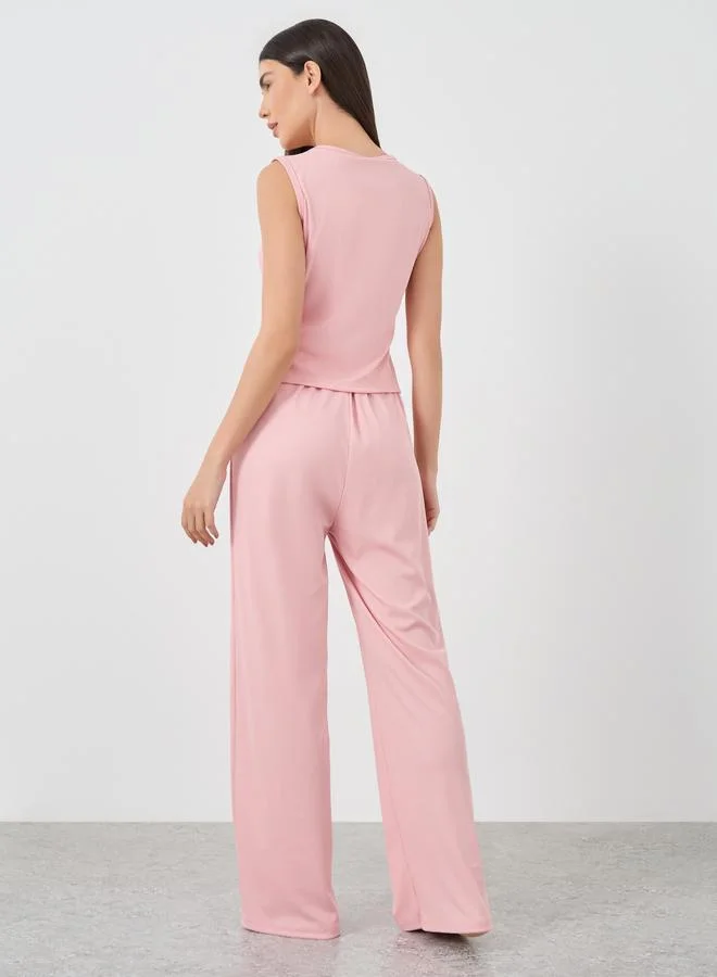 Take Two Take Two Solid Sleeveless Rib Buttoned Top and Pyjama Set