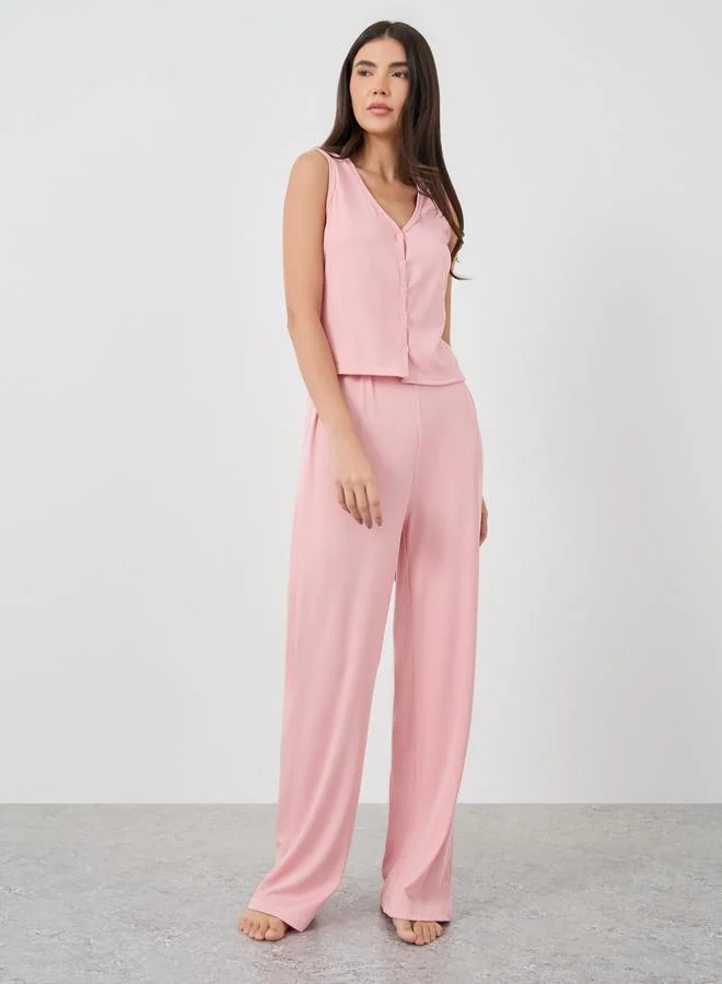 Take Two Take Two Solid Sleeveless Rib Buttoned Top and Pyjama Set