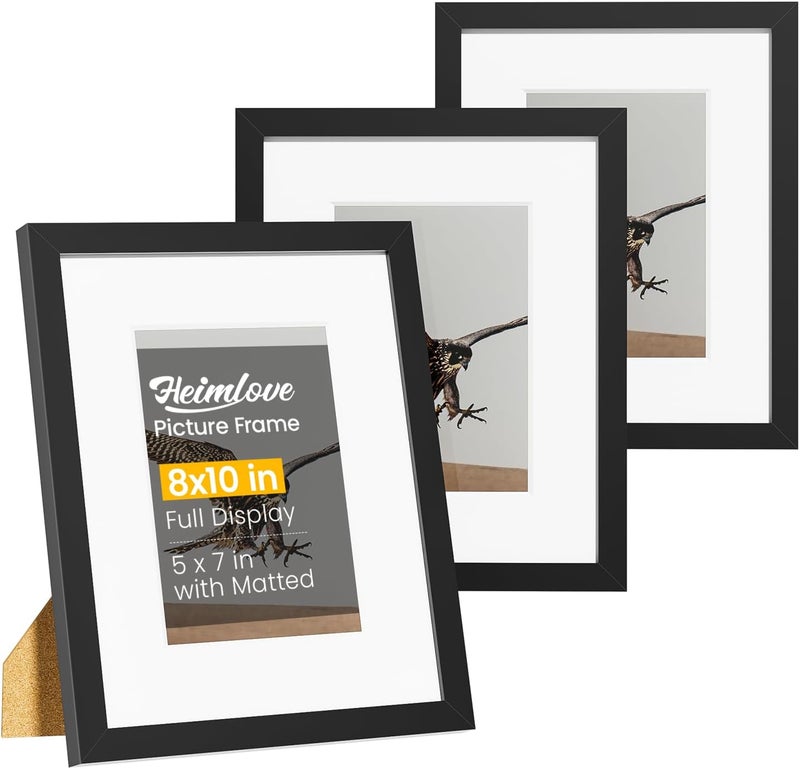 Heimlove إطار صور 8x10 مجموعة من 3 مع مات لعرض صورة 5x7، إطار صور بلاستيكي أسود للملصقات، الدبلوم، الشهادة والمستندات مع ديكور للطاولة والجدار - Image 1