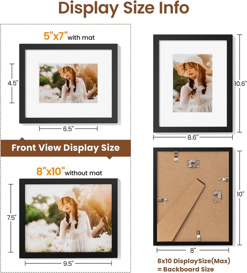 Heimlove إطار صور 8x10 مجموعة من 3 مع مات لعرض صورة 5x7، إطار صور بلاستيكي أسود للملصقات، الدبلوم، الشهادة والمستندات مع ديكور للطاولة والجدار - Image 4