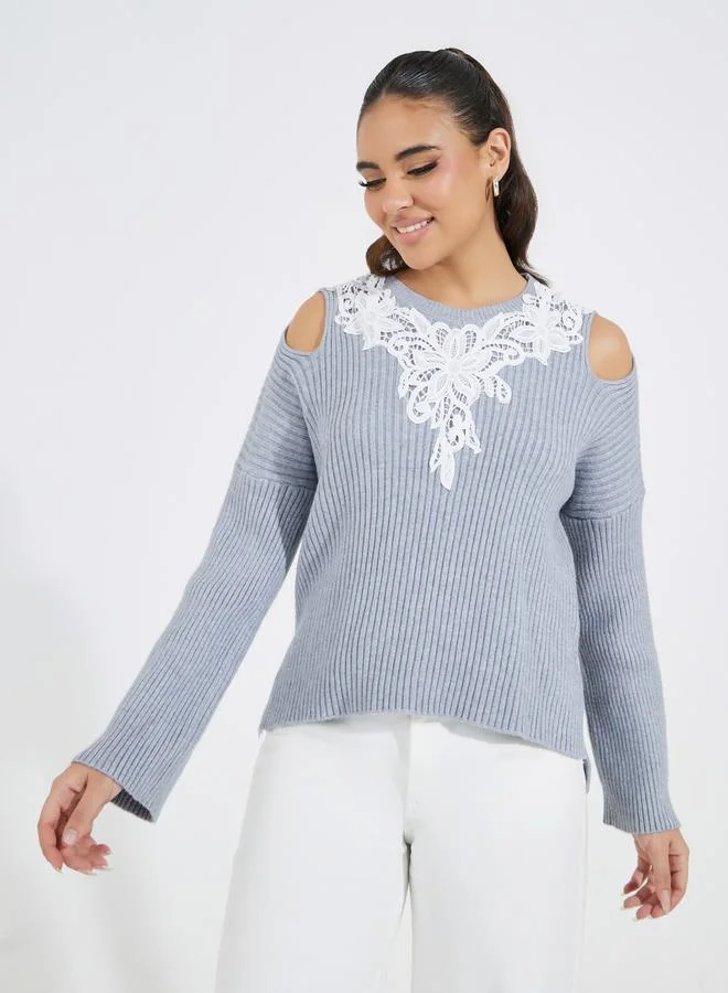 Take Two Regular Fit Lace Contrast Sweater with Shoulder Cut-Out