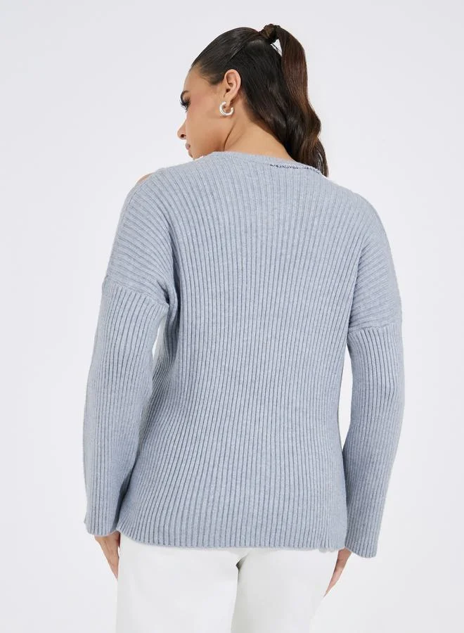Take Two Regular Fit Lace Contrast Sweater with Shoulder Cut-Out