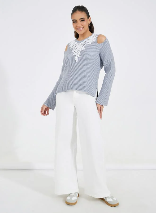 Take Two Regular Fit Lace Contrast Sweater with Shoulder Cut-Out