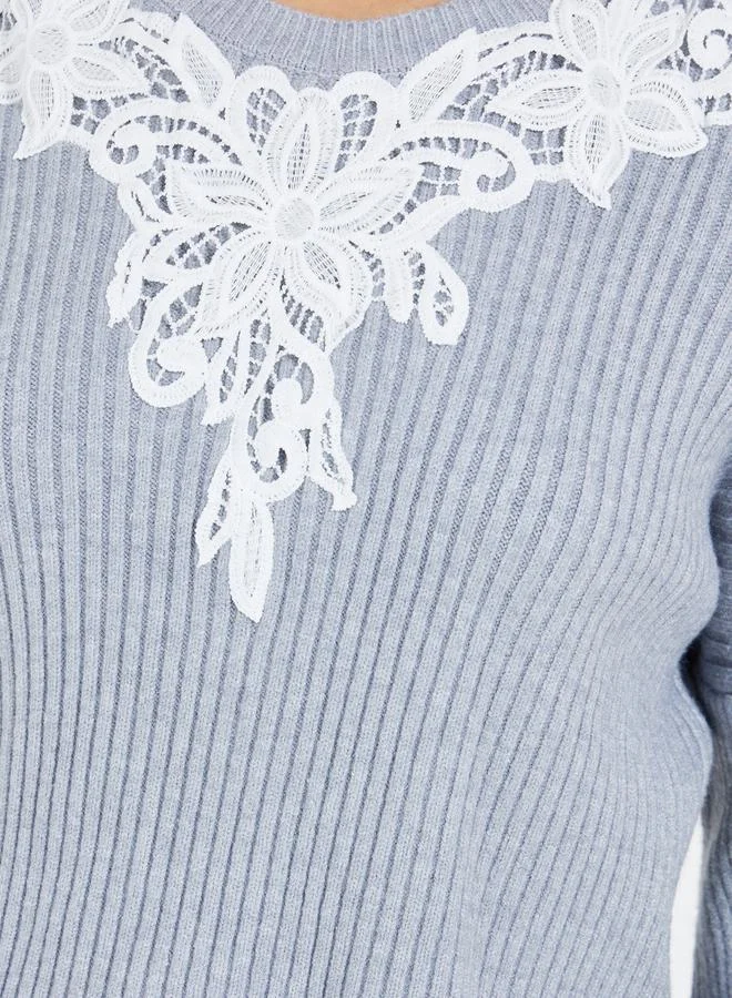 Take Two Regular Fit Lace Contrast Sweater with Shoulder Cut-Out