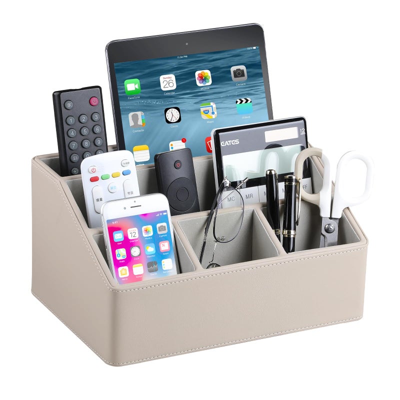 Meibooch Pu Leather Desk Organizer  Luxury Remote Control Holder For Home  Office Desk Accessories Table Caddy Bedside Nightstand Organizer (Dark Beige) - Image 1