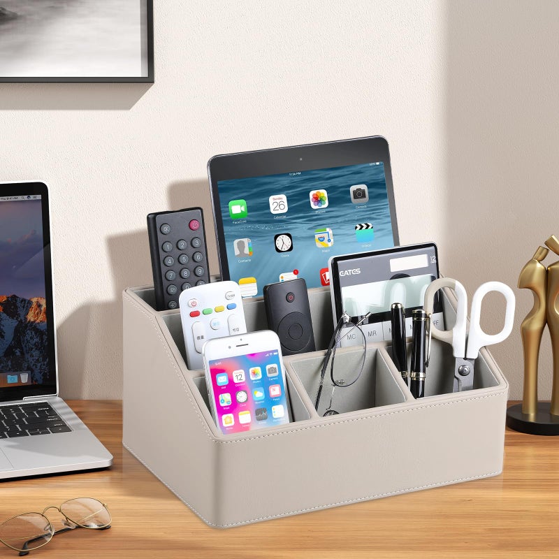 Meibooch Pu Leather Desk Organizer  Luxury Remote Control Holder For Home  Office Desk Accessories Table Caddy Bedside Nightstand Organizer (Dark Beige) - Image 3