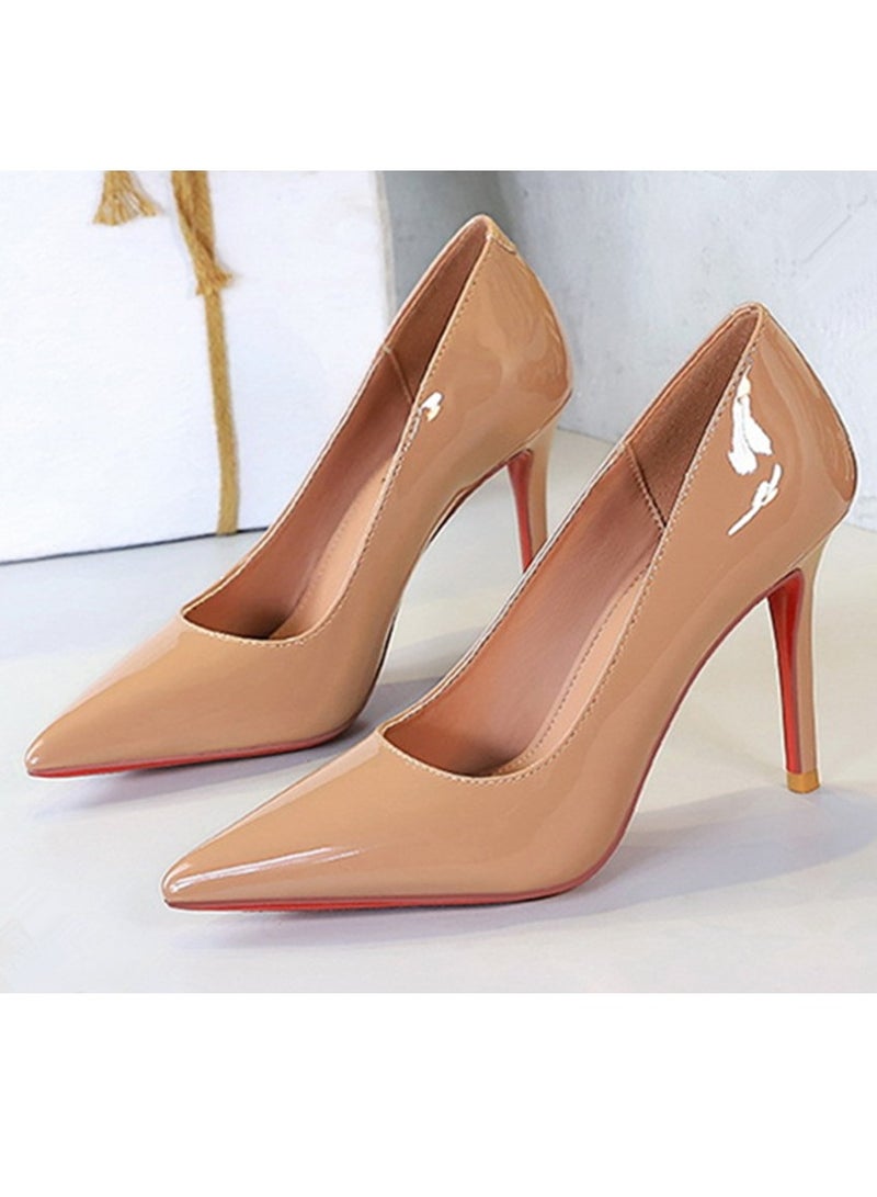 BIGTREE Women's Elegant Party Stiletto Pumps Pointed Closed Toe High Heels Nude Color 10CM - Image 1