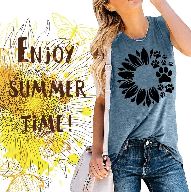 Bealatt Womens Sunflower Tank Casual Workout Top Summer Sleeveless Dog Paws Graphic Shirt Cute Loose Vacation Cotton Plus Size Top Blue,L - Image 2