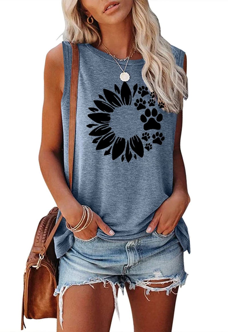 Bealatt Womens Sunflower Tank Casual Workout Top Summer Sleeveless Dog Paws Graphic Shirt Cute Loose Vacation Cotton Plus Size Top Blue,L - Image 1