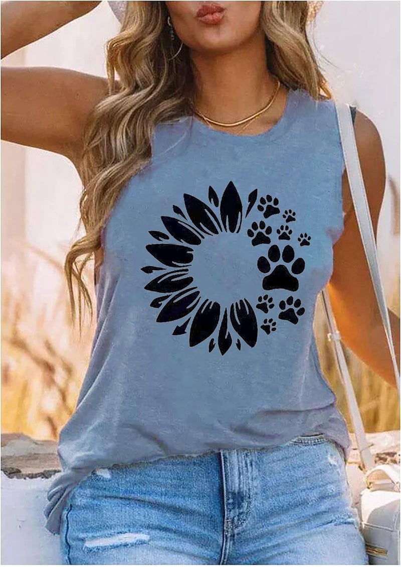 Bealatt Womens Sunflower Tank Casual Workout Top Summer Sleeveless Dog Paws Graphic Shirt Cute Loose Vacation Cotton Plus Size Top Blue,L - Image 3