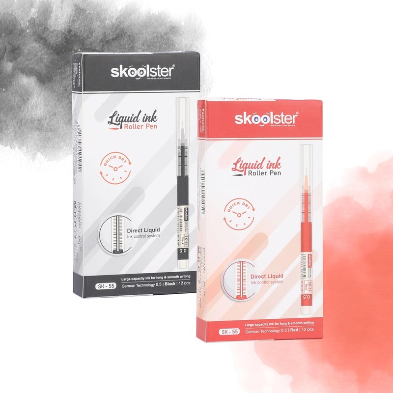Skoolster Liquid Ink Roller Pen 0.5mm, Pack of 24, Smooth Quick-Dry Writing Pens for Office, School, Professionals & Exams (Black+Red) - Image 1