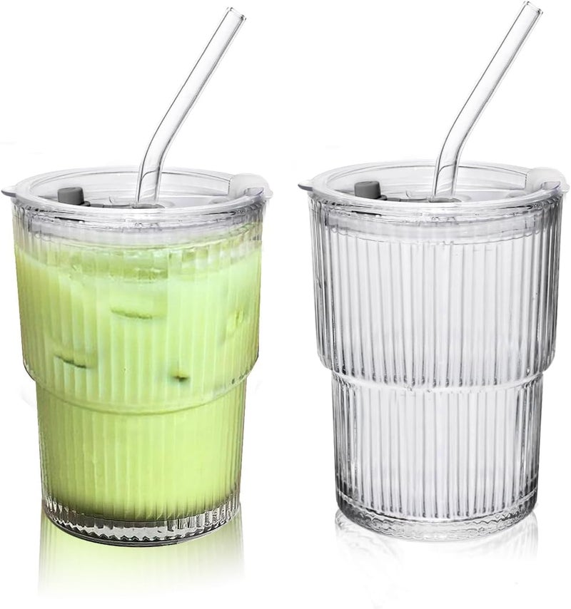 SYANKA SYANKA Premium Glass Sipper with Lid and Glass Straws Set of 2 400ml Transparent Sipper Glassware Ribbed Design BPAFree Durable Iced Coffee Cups for Cold Drinks Smoothies Juices and Tea  - Image 1
