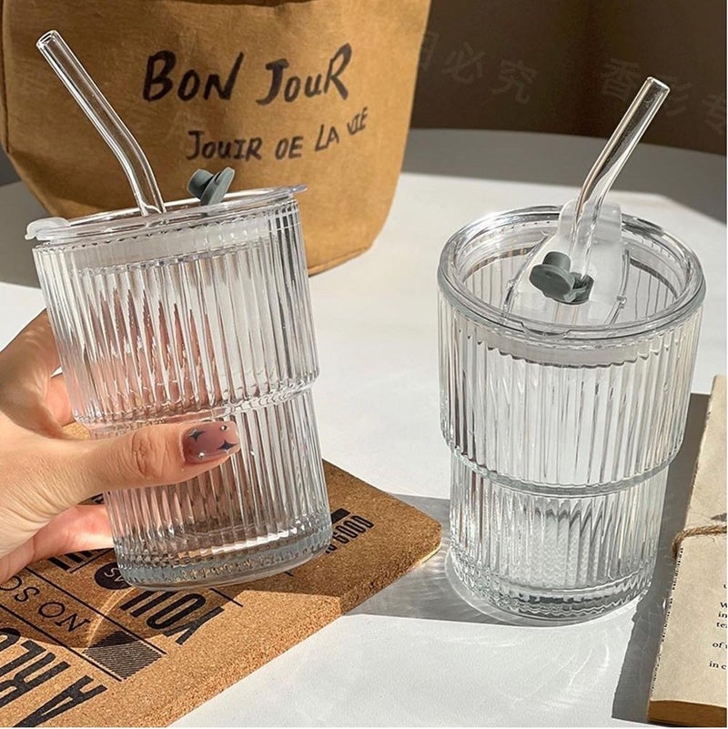 SYANKA SYANKA Premium Glass Sipper with Lid and Glass Straws Set of 2 400ml Transparent Sipper Glassware Ribbed Design BPAFree Durable Iced Coffee Cups for Cold Drinks Smoothies Juices and Tea  - Image 2