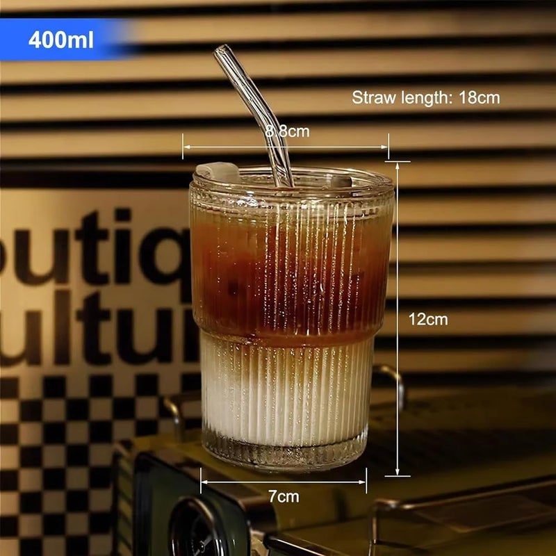 SYANKA SYANKA Premium Glass Sipper with Lid and Glass Straws Set of 2 400ml Transparent Sipper Glassware Ribbed Design BPAFree Durable Iced Coffee Cups for Cold Drinks Smoothies Juices and Tea  - Image 5