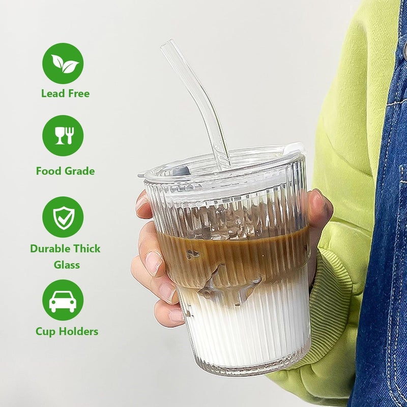 SYANKA SYANKA Premium Glass Sipper with Lid and Glass Straws Set of 2 400ml Transparent Sipper Glassware Ribbed Design BPAFree Durable Iced Coffee Cups for Cold Drinks Smoothies Juices and Tea  - Image 3