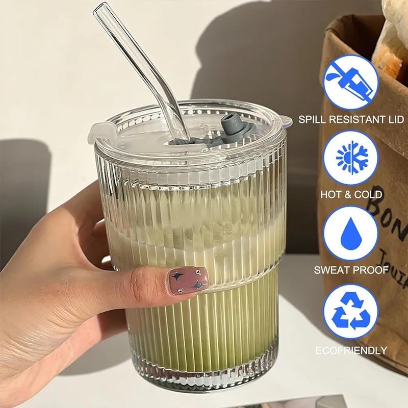 SYANKA SYANKA Premium Glass Sipper with Lid and Glass Straws Set of 2 400ml Transparent Sipper Glassware Ribbed Design BPAFree Durable Iced Coffee Cups for Cold Drinks Smoothies Juices and Tea  - Image 4