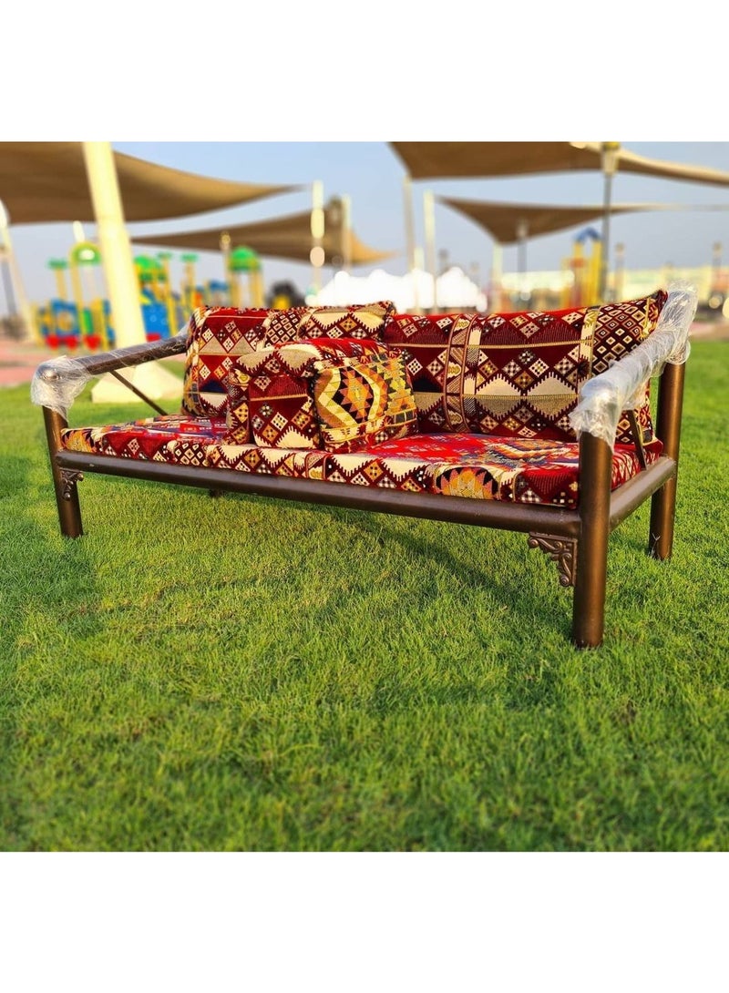 Xboat Traditional Arabic Majlis Sofa with Metal Frame, Red Bedouin Pattern Cushions, Indoor Outdoor Seating for Gardens, Patios, Camping, Cultural Gatherings - Image 1
