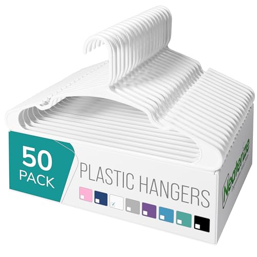NEATERIZE Clothes Hangers Plastic 50 Pack for Adults - Plastic Hangers, The Perfect Coat Hanger and Space Saving Clothes Hangers for Closet, Percheros Ganchos para Colgar Ropa Hangars - White Hangers - Image 1