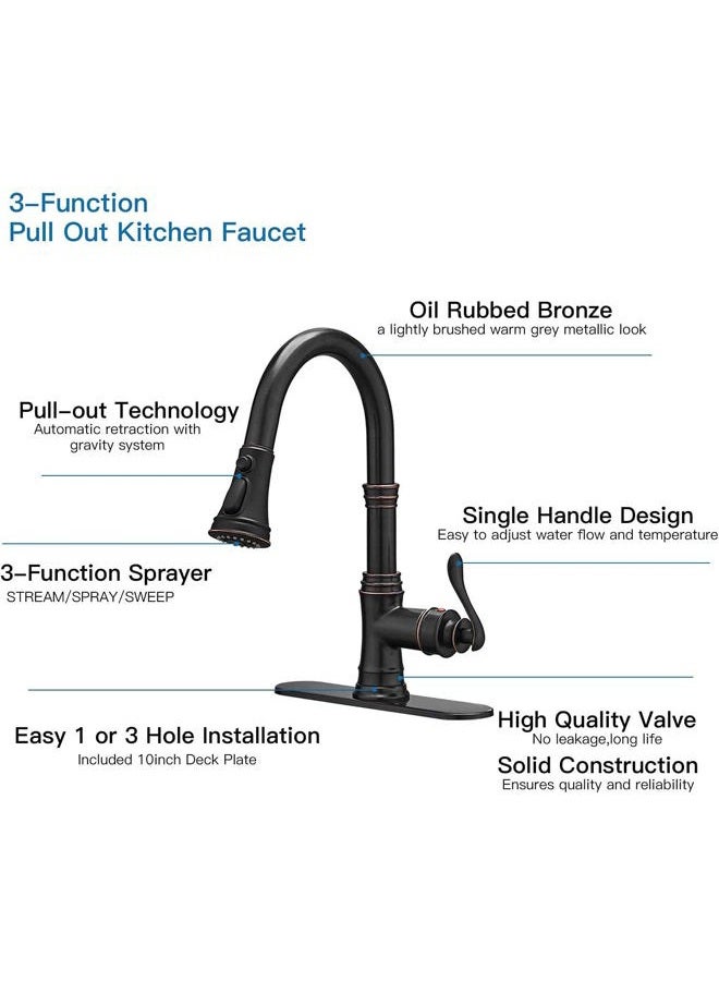 BATHFINESSE Kitchen Faucet, Oil Rubbed Bronze Finish, 360 Degree Swivel, 20-Inch Retractable Hose, Easy to Install, 3-Hole Mount - Image 2