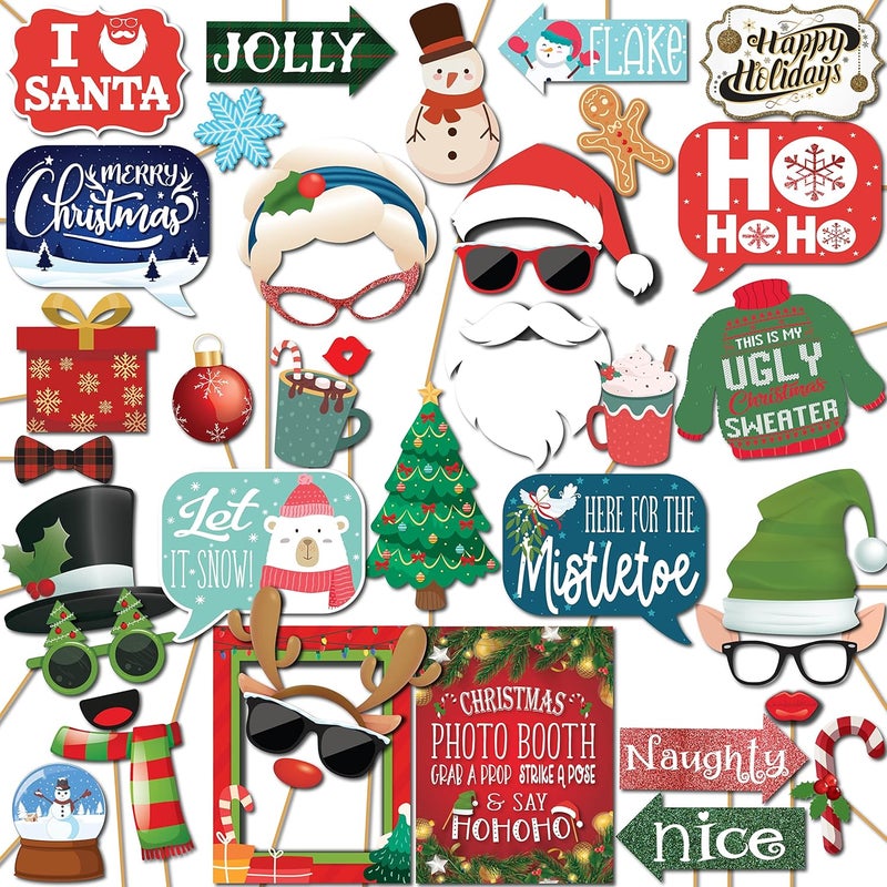 Outside The Booth Christmas Photo Booth Props - 41-pc Photobooth Kit with 8 x 10-Inch Sign, 60 Glue Dots, 45 Sticks - Christmas Picture Props for Kids and Adults - Image 1