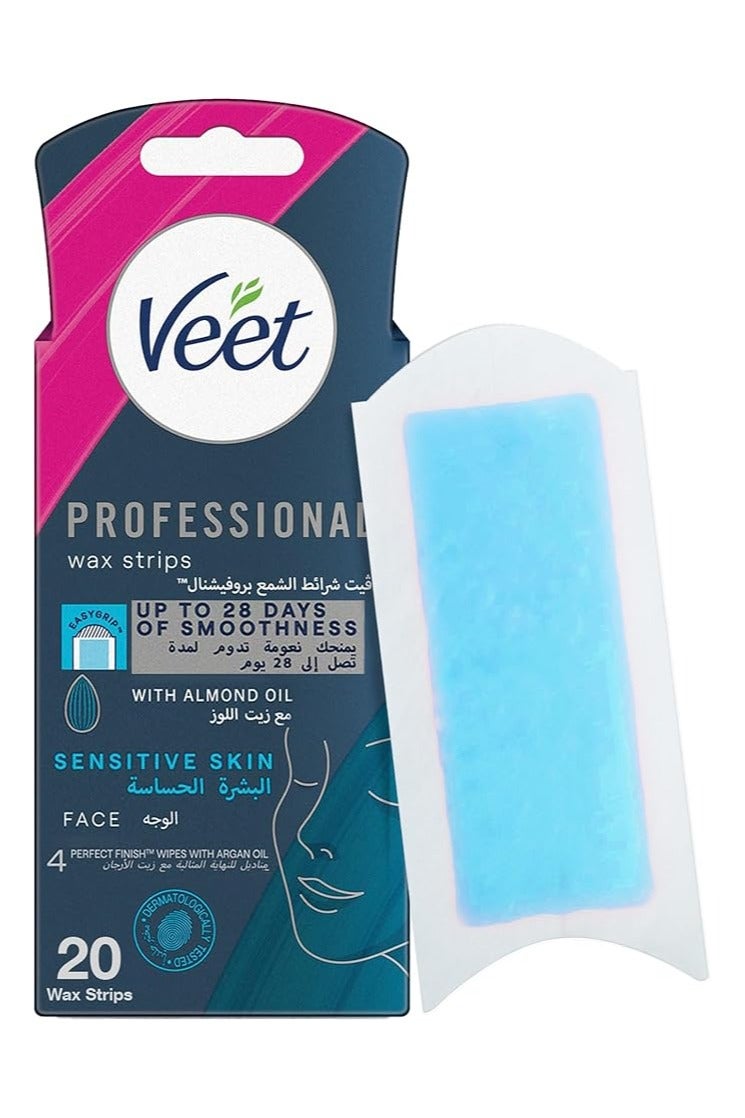 Veet شرائح شمع الوجه سهلة الجل لإزالة الشعر الاحترافي مع زيت اللوز للبشرة الحساسة، مناديل إنهاء مثالية مع زيت الأركان 20 شريحة شمع