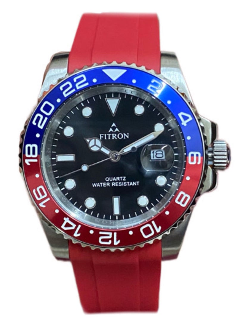 Fitron Men’s Wrist Watch with Red Rubber Strap and Red/Blue Case - Image 1