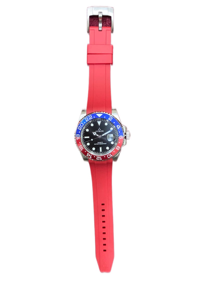 Fitron Men’s Wrist Watch with Red Rubber Strap and Red/Blue Case - Image 4