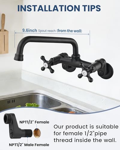 Airuida Wall Mount Kitchen Faucet 8 Inch20cm Spout Wall Mount Laundry Sink Faucet Adjustable Center Double Handles Hot and Cold Water Mixer Tap 360 Rotatable Restaurant FaucetMatte Black - Image 3