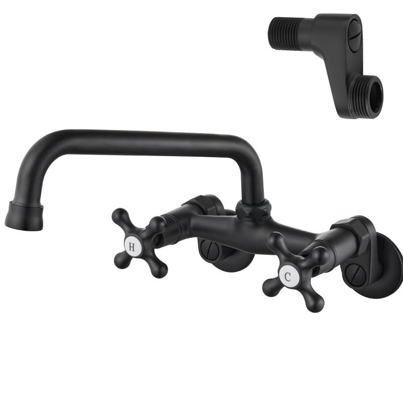 Airuida Wall Mount Kitchen Faucet 8 Inch20cm Spout Wall Mount Laundry Sink Faucet Adjustable Center Double Handles Hot and Cold Water Mixer Tap 360 Rotatable Restaurant FaucetMatte Black - Image 2