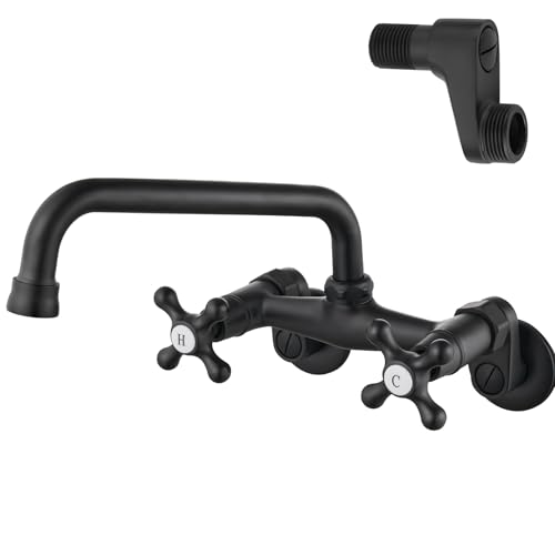 Airuida Wall Mount Kitchen Faucet 8 Inch20cm Spout Wall Mount Laundry Sink Faucet Adjustable Center Double Handles Hot and Cold Water Mixer Tap 360 Rotatable Restaurant FaucetMatte Black - Image 1