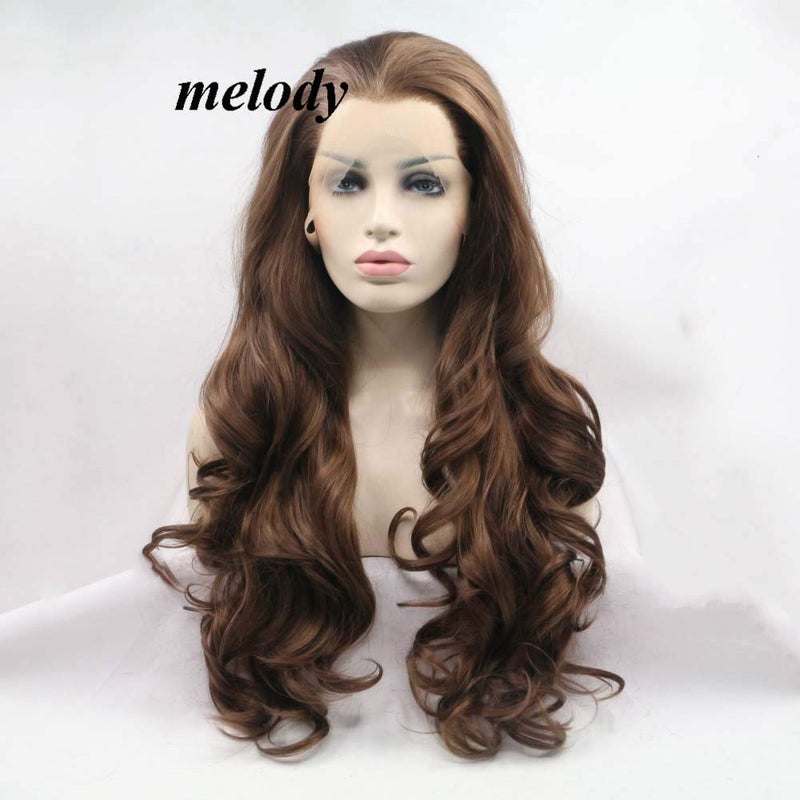 Melody Brown Wigs Long Wavy Wigs Synthetic Brown Lace Front Wigs Heat Resistant Fiber Hair Wig Natural Hairline Wig 6Color Brown Color 24