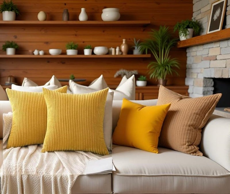 Guffaw / Corduroy/Stripped/Luxury 340 TC Cushion Covers Standard Size 16"X16" Inches (Mustard, 4) - Image 4