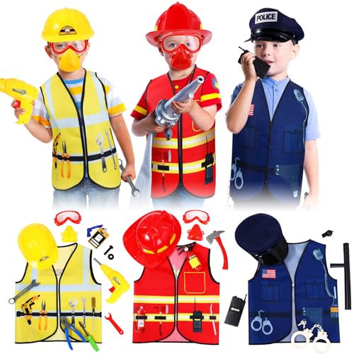 Bonuci 3 Sets Kids Dress up for Play Age 3-7 Years Old,dress up Costumes Vest Set Police,fireman and Worker for Toddler Kids Boys Pretend Role Accessories - Image 1