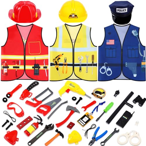 Bonuci 3 Sets Kids Dress up for Play Age 3-7 Years Old,dress up Costumes Vest Set Police,fireman and Worker for Toddler Kids Boys Pretend Role Accessories - Image 2
